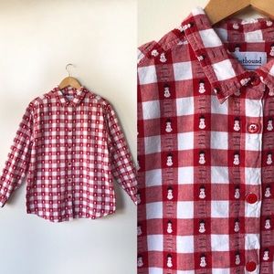 Vintage Plaid Embroidered Snowman Holiday Blouse